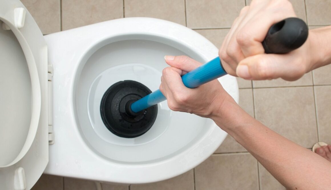 A plumber using a plunger to fix a blocked toilet in Newbury & Reading