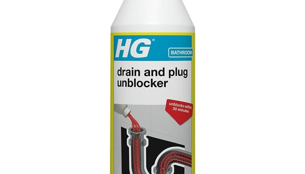 A variety of drain unblocker products displayed on-store shelves.