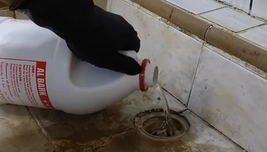 A plumber pouring a specialized acidic solution into a clogged household drain.
